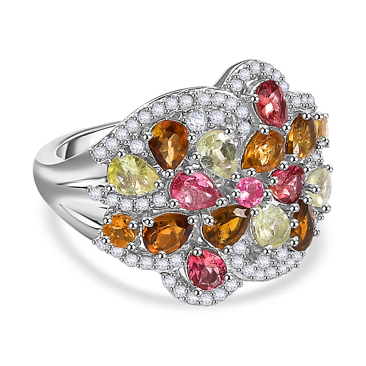 Multi-Tourmaline &amp; Zircon Cluster Ring in Rhodium Overlay Sterling Silver 3.23 Ct V32521384 0
