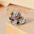 Multi-Tourmaline & Zircon Cluster Ring in Rhodium Overlay Sterling Silver 3.23 Ct_7856974_1