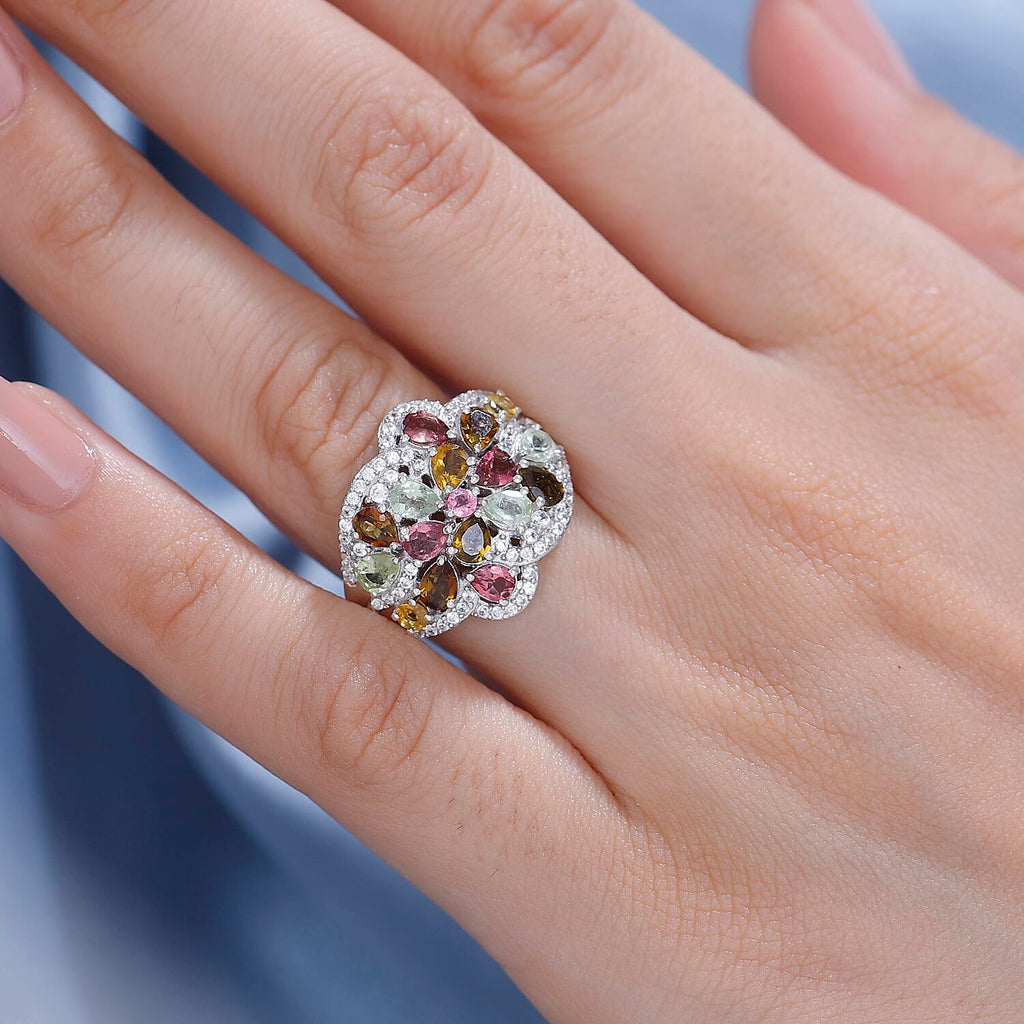 Multi-Tourmaline & Zircon Cluster Ring in Rhodium Overlay Sterling Silver 3.23 Ct_7856974_2