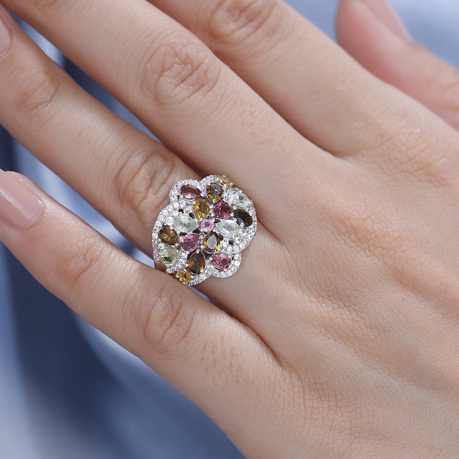 Multi-Tourmaline &amp; Zircon Cluster Ring in Rhodium Overlay Sterling Silver 3.23 Ct V32521384 3