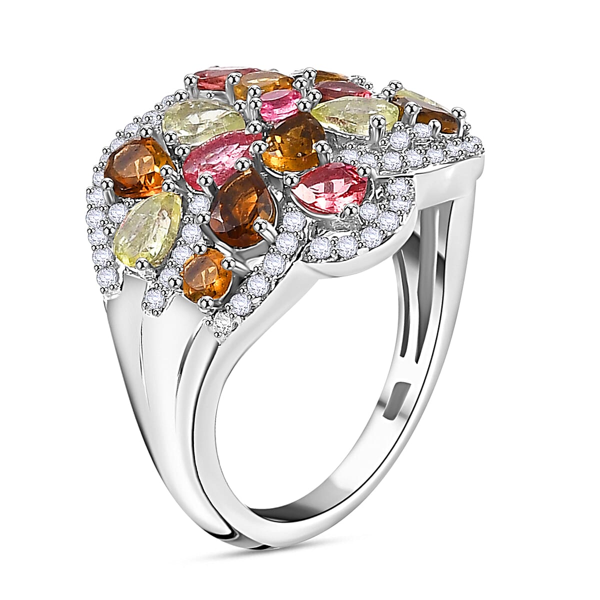 Multi-Tourmaline &amp; Zircon Cluster Ring in Rhodium Overlay Sterling Silver 3.23 Ct V32521384 4
