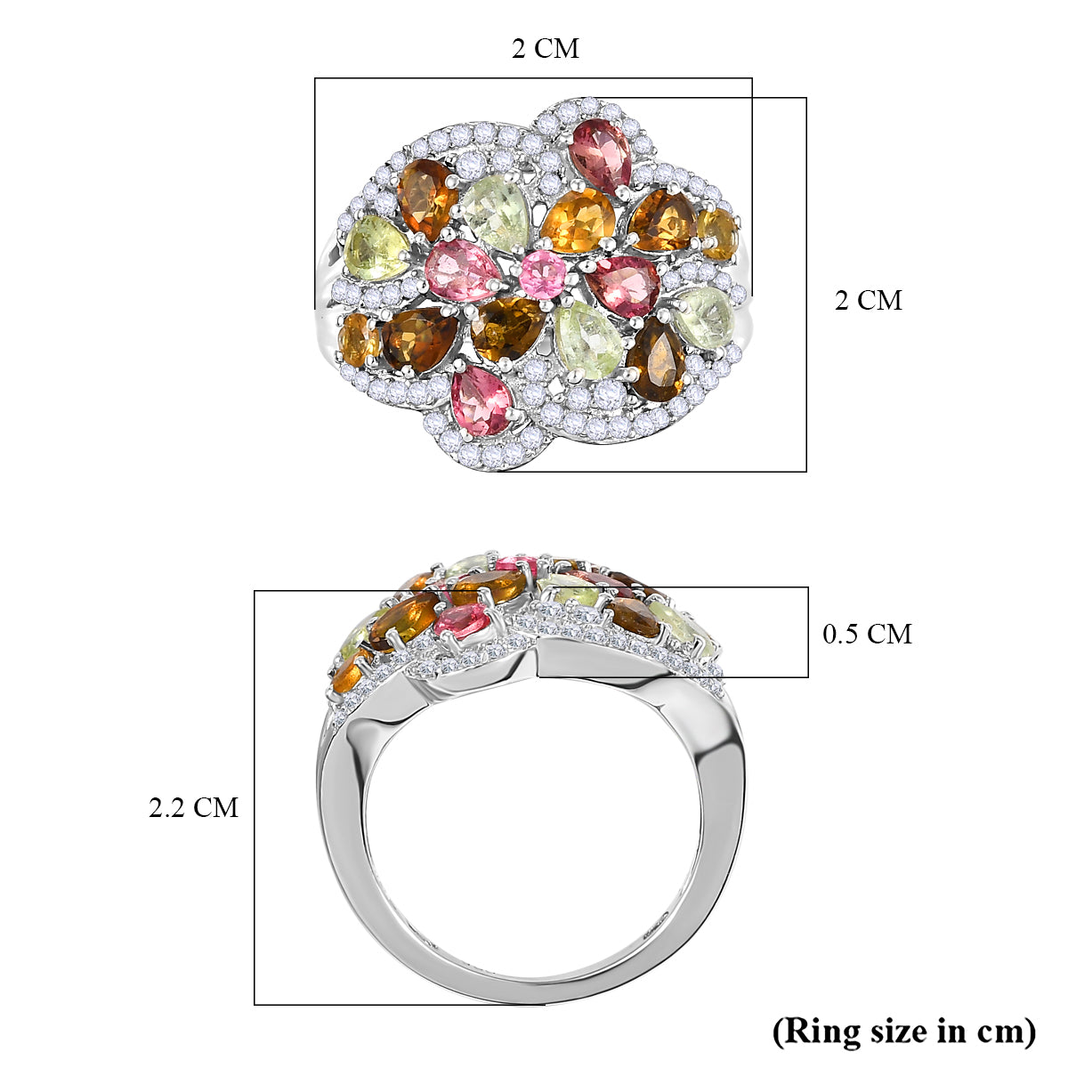 Multi-Tourmaline &amp; Zircon Cluster Ring in Rhodium Overlay Sterling Silver 3.23 Ct V32622146 6