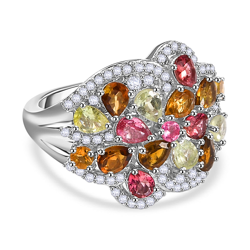 Multi-Tourmaline & Zircon Cluster Ring in Rhodium Overlay Sterling Silver 3.23 Ct_7856977