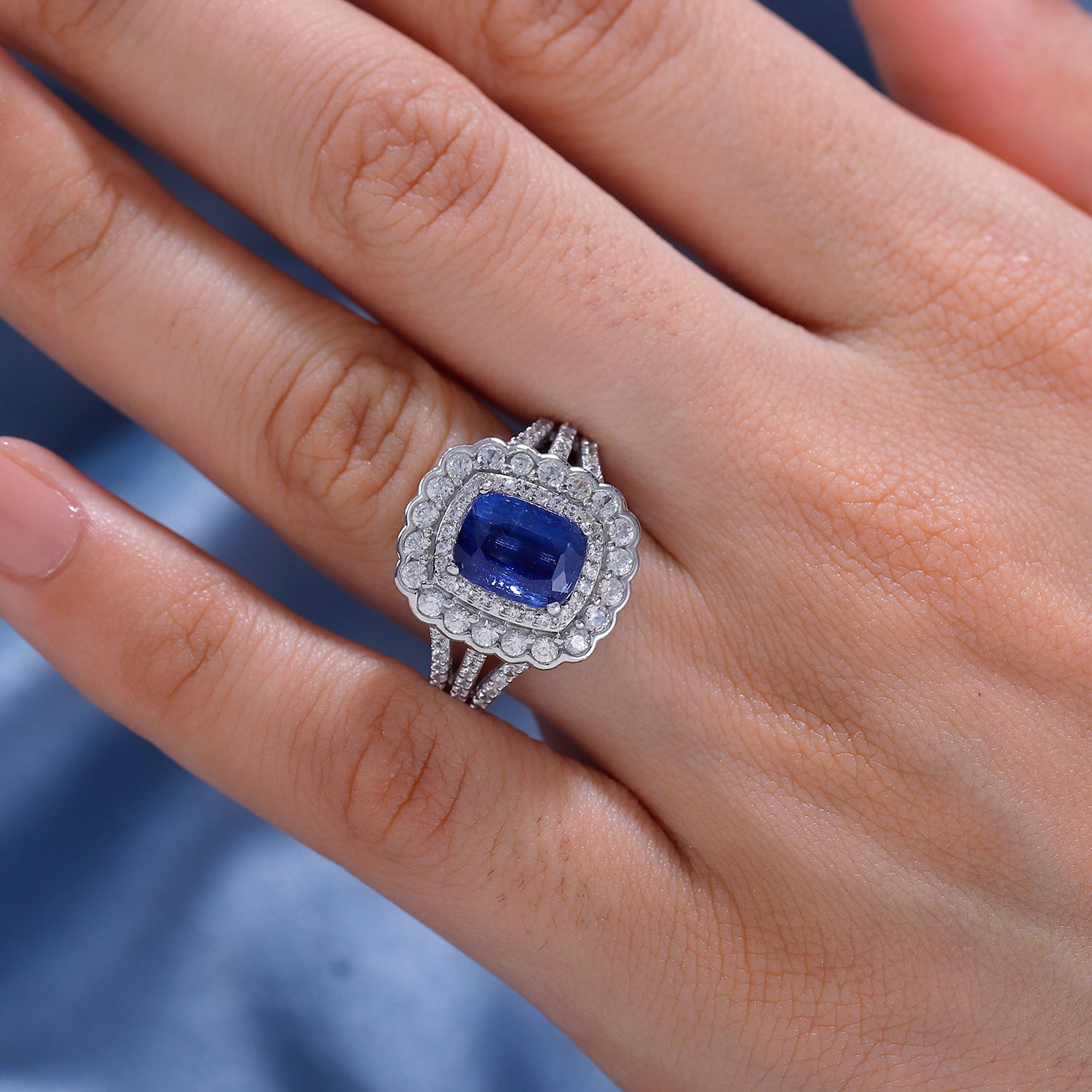 Extreme Rare Find - Natural AAA Kashmir Kyanite, White Zircon Halo Ring in Rhodium Overlay Sterling Silver  4.60  Ct. V32520954 3