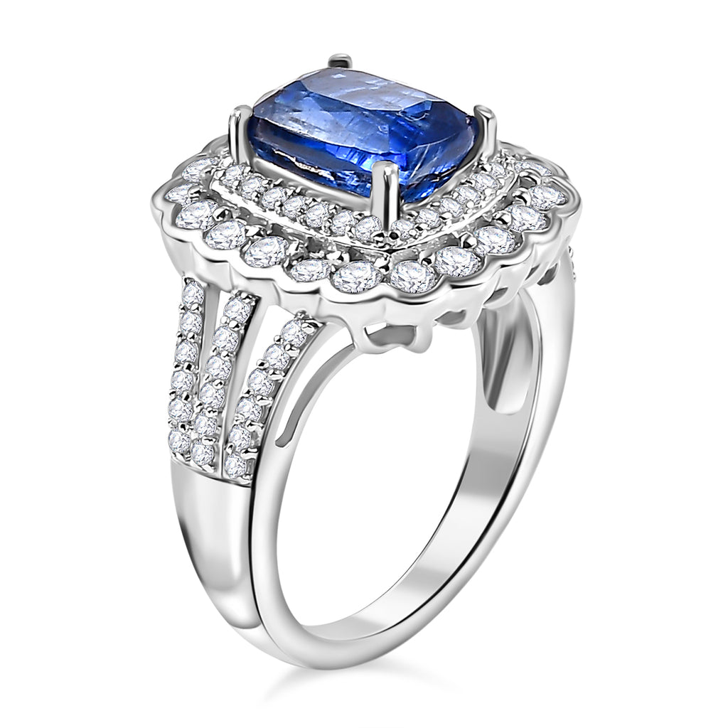 Extreme Rare Find - Natural AAA Kashmir Kyanite & White Zircon Cluster Halo Ring in Rhodium Overlay Sterling Silver 4.46 Ct._7857176_3