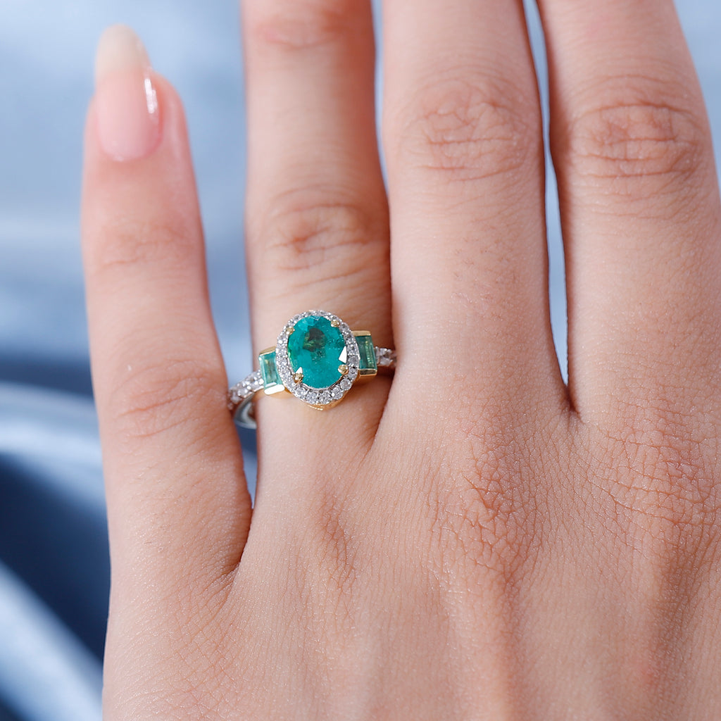 D'Joy - Zambian Emerald Oval Cut Halo Ring in 18K Vermeil Yellow Gold Plated Sterling Silver 2.05 Ct._7857285_2