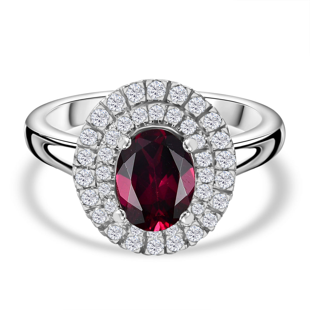 Rare Find - D'Joy Natural Ember Garnet & Moissanite Halo Ring in Rhodium Overlay Sterling Silver 1.90 Ct._7857582