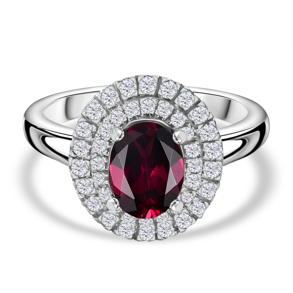 Tony Diniz Collection- Rare Find - Natural Ember Garnet with Moissanite Double Halo Ring in Rhodium Overlay Sterling Silver V32516474 0