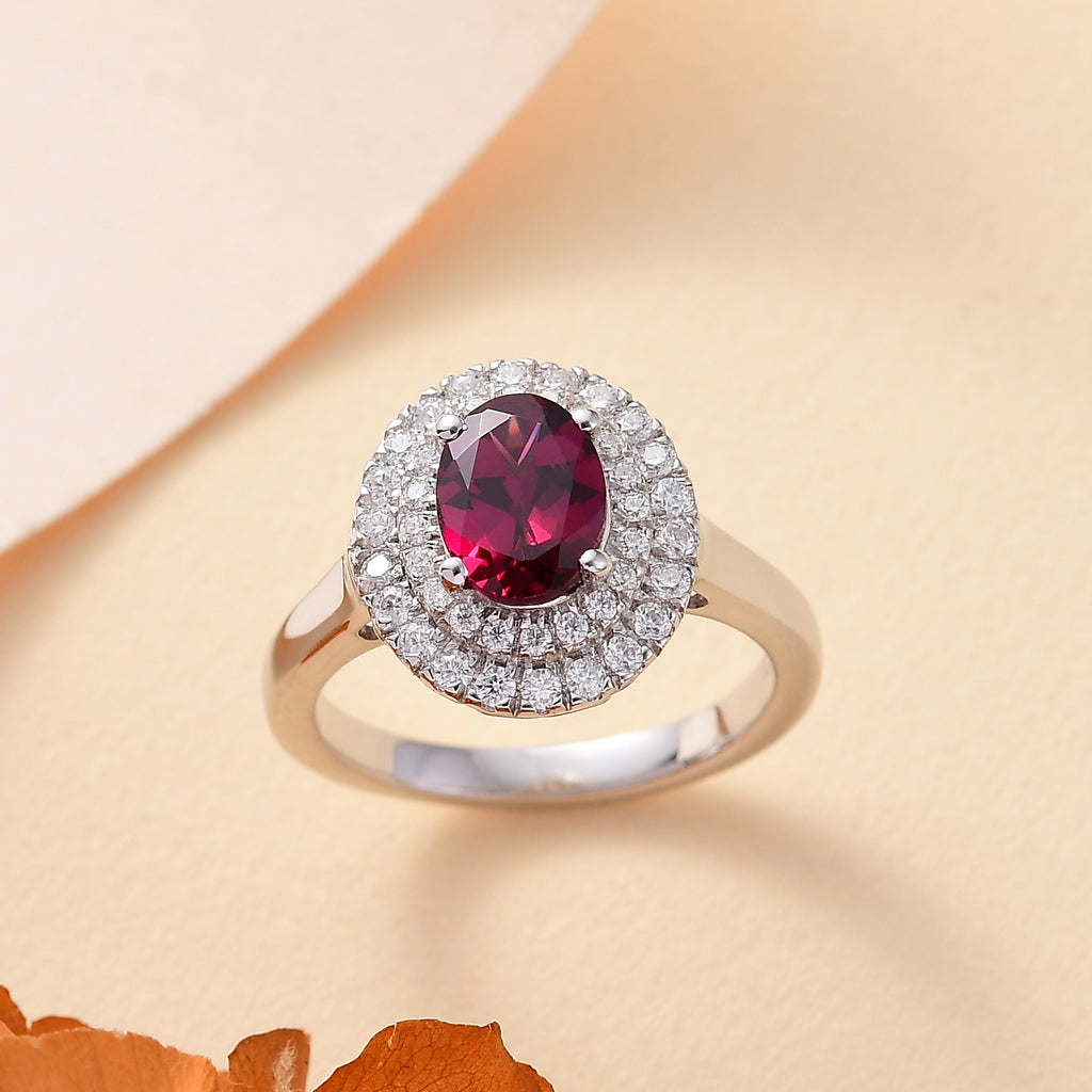 Rare Find - D'Joy Natural Ember Garnet & Moissanite Halo Ring in Rhodium Overlay Sterling Silver 1.90 Ct._7857582_1