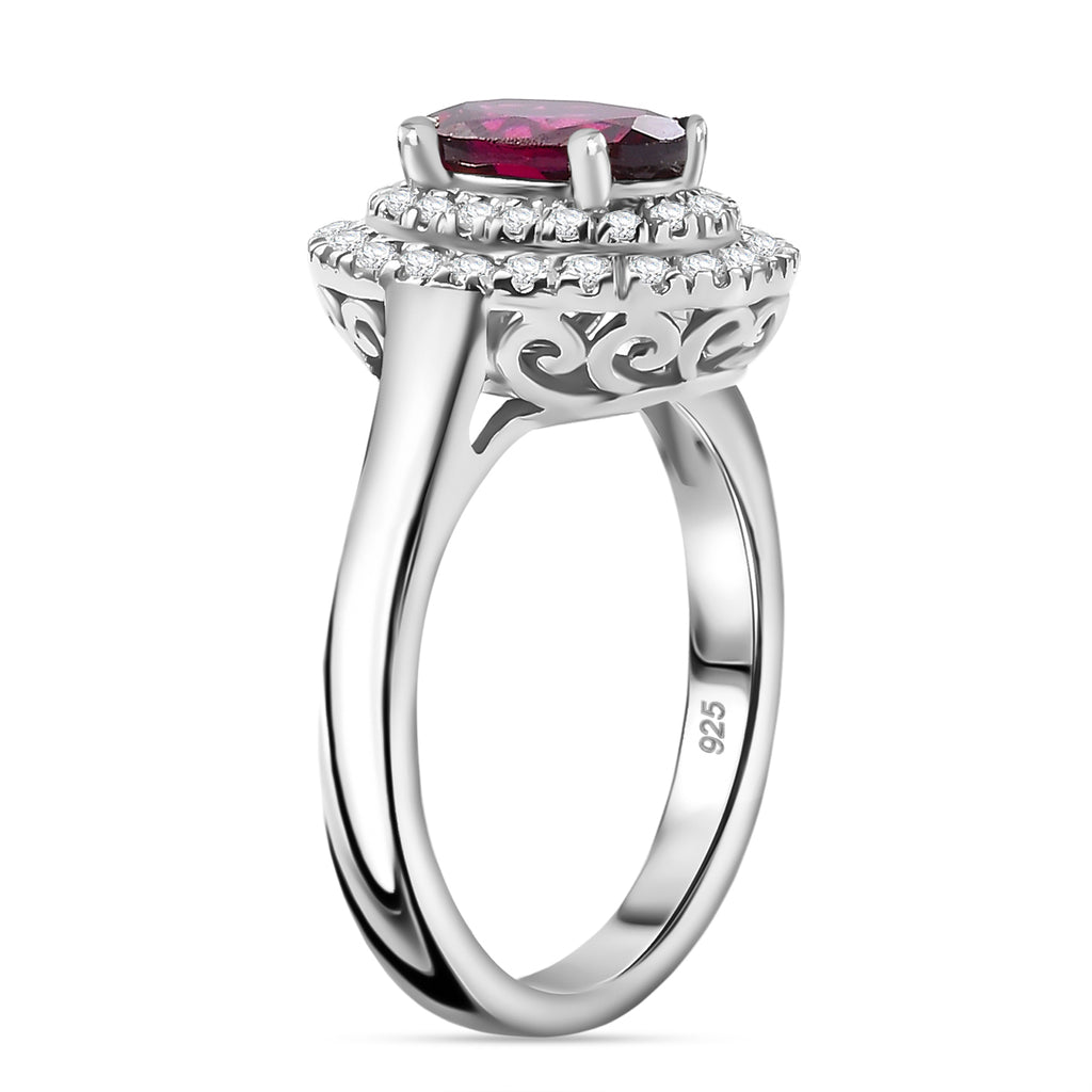 Rare Find - D'Joy Natural Ember Garnet & Moissanite Halo Ring in Rhodium Overlay Sterling Silver 1.90 Ct._7857582_3