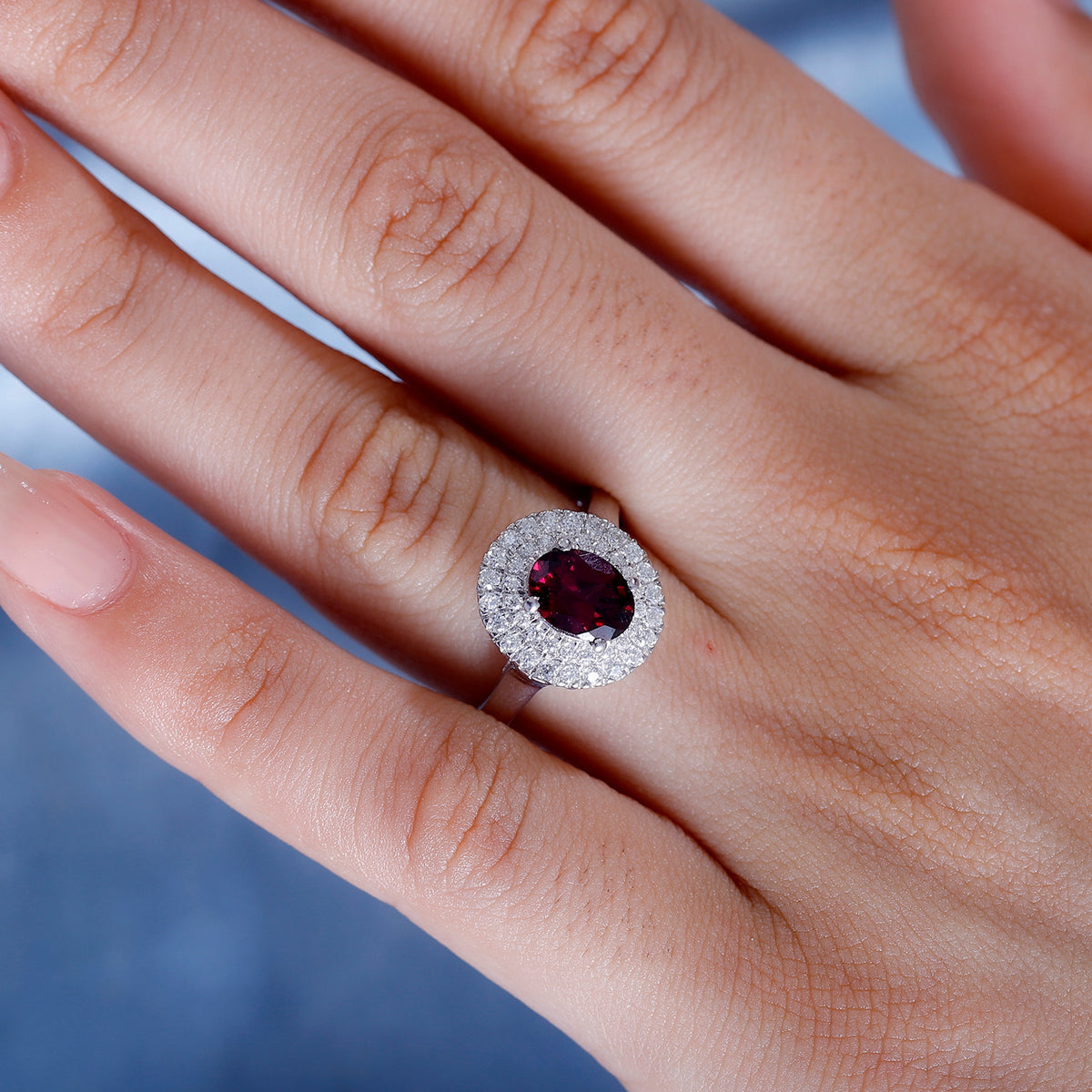 Tony Diniz Collection- Rare Find - Natural Ember Garnet with Moissanite Double Halo Ring in Rhodium Overlay Sterling Silver V32531528 3