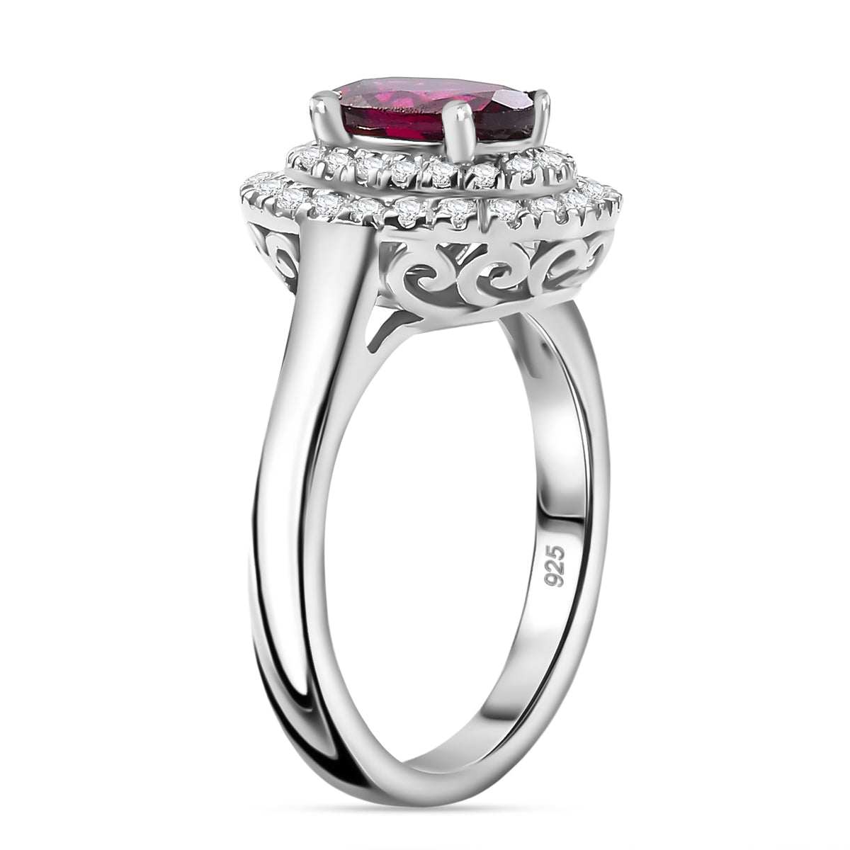 Tony Diniz Collection- Rare Find - Natural Ember Garnet with Moissanite Double Halo Ring in Rhodium Overlay Sterling Silver V32531528 4