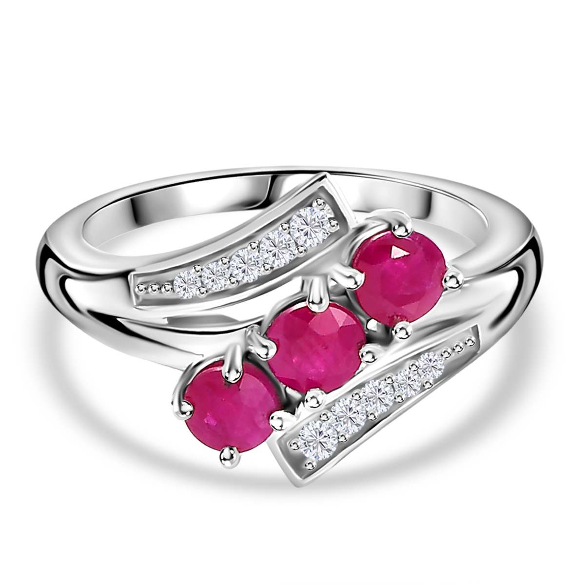 Mozambique Ruby, White Zircon Bypass Ring in Rhodium Overlay Sterling Silver 7859892 0