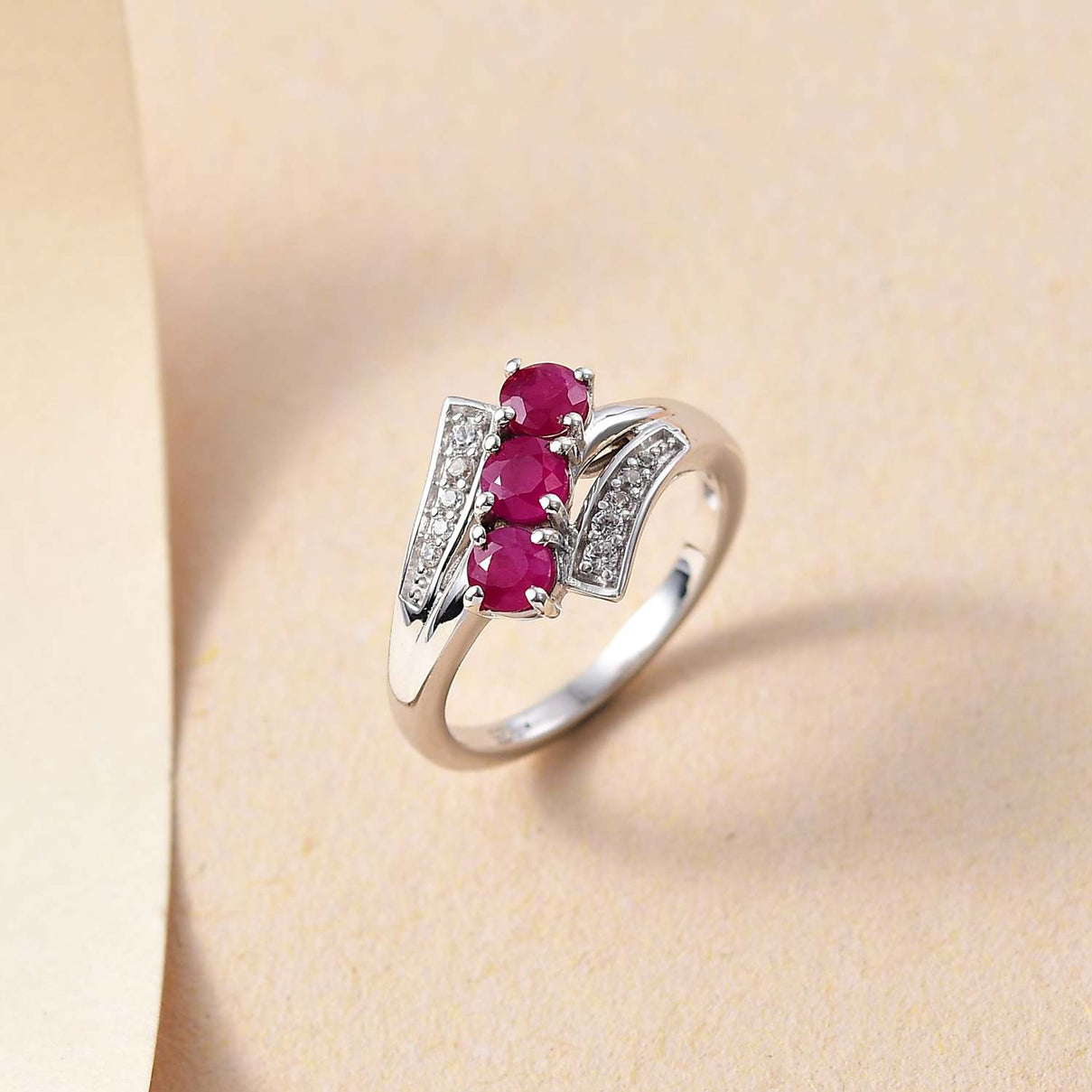 Mozambique Ruby, White Zircon Bypass Ring in Rhodium Overlay Sterling Silver 7859892 1
