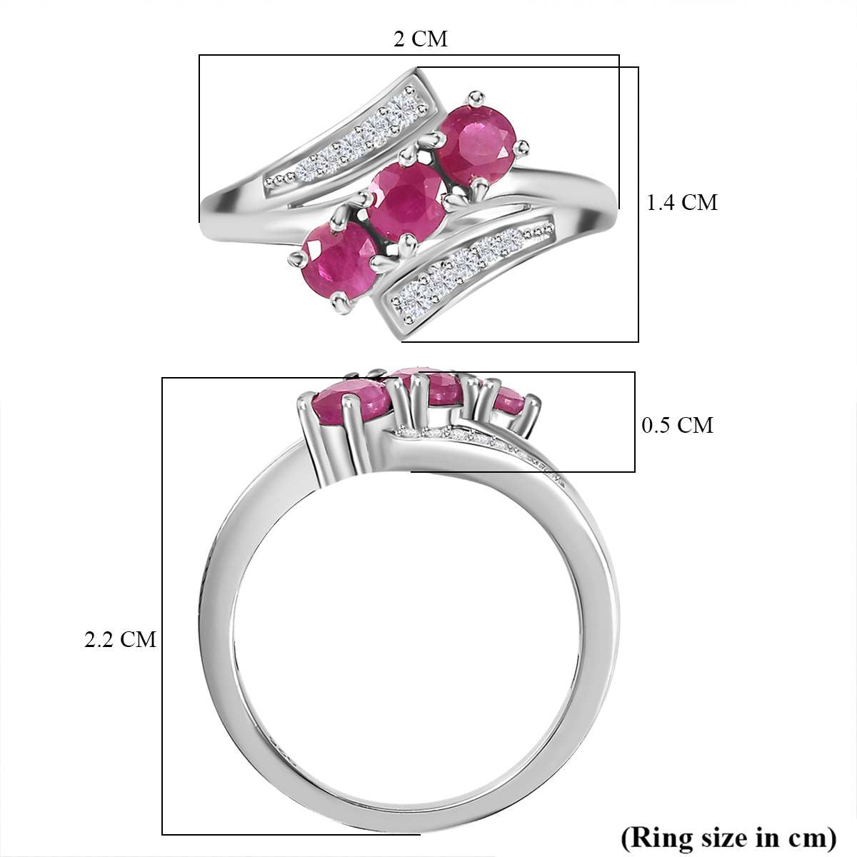 Mozambique Ruby, White Zircon Bypass Ring in Rhodium Overlay Sterling Silver 7859892 5