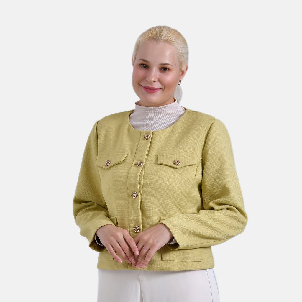 La Marey Stylish Tweed Long Sleeve Round Neck Buttoned Blazer (Size 16) - Yellow_7864403