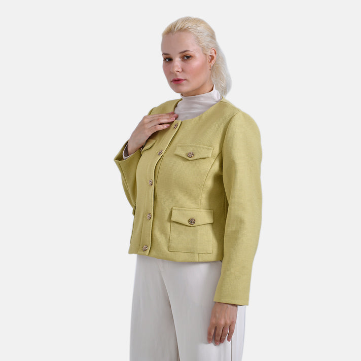 La Marey Stylish Tweed Long Sleeve Round Neck Buttoned Blazer 7864404 2