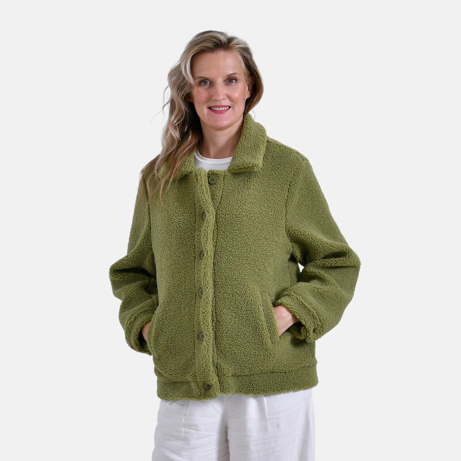 La Marey Fleeced Button Up Jacket with 2 Side Pockets  - Green V32356931 0