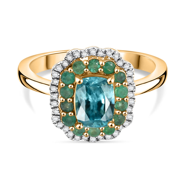 Blue Zircon, Emerald, White Zircon Halo Ring in 18K Yellow Gold Vermeil Plated Sterling Silver 3.26 Ct 7875176 1