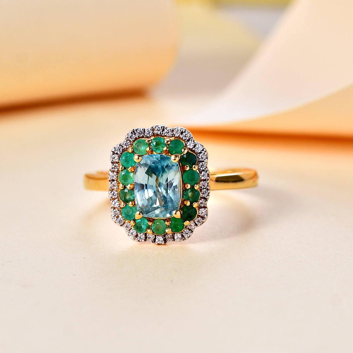 Blue Zircon, Emerald, White Zircon Halo Ring in 18K Yellow Gold Vermeil Plated Sterling Silver 3.26 Ct 7875176 2
