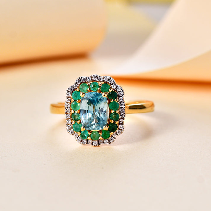 Blue Zircon, Emerald, White Zircon Halo Ring in 18K Yellow Gold Vermeil Plated Sterling Silver 3.26 Ct 7875176 2