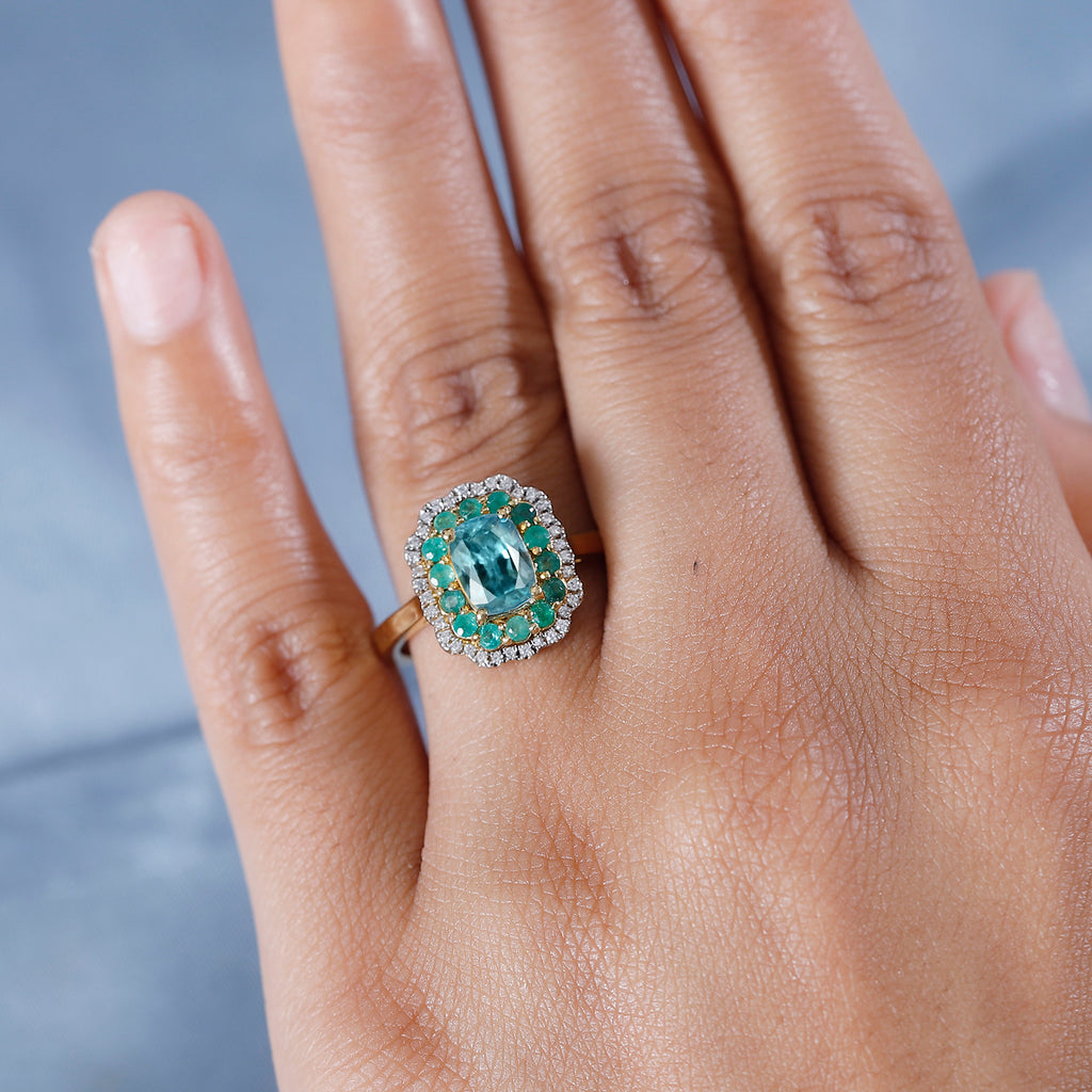 Blue Zircon, Emerald & White Zircon Halo Ring in 18K Vermeil Yellow Gold Plated Sterling Silver 3.26 Ct_7875176_2