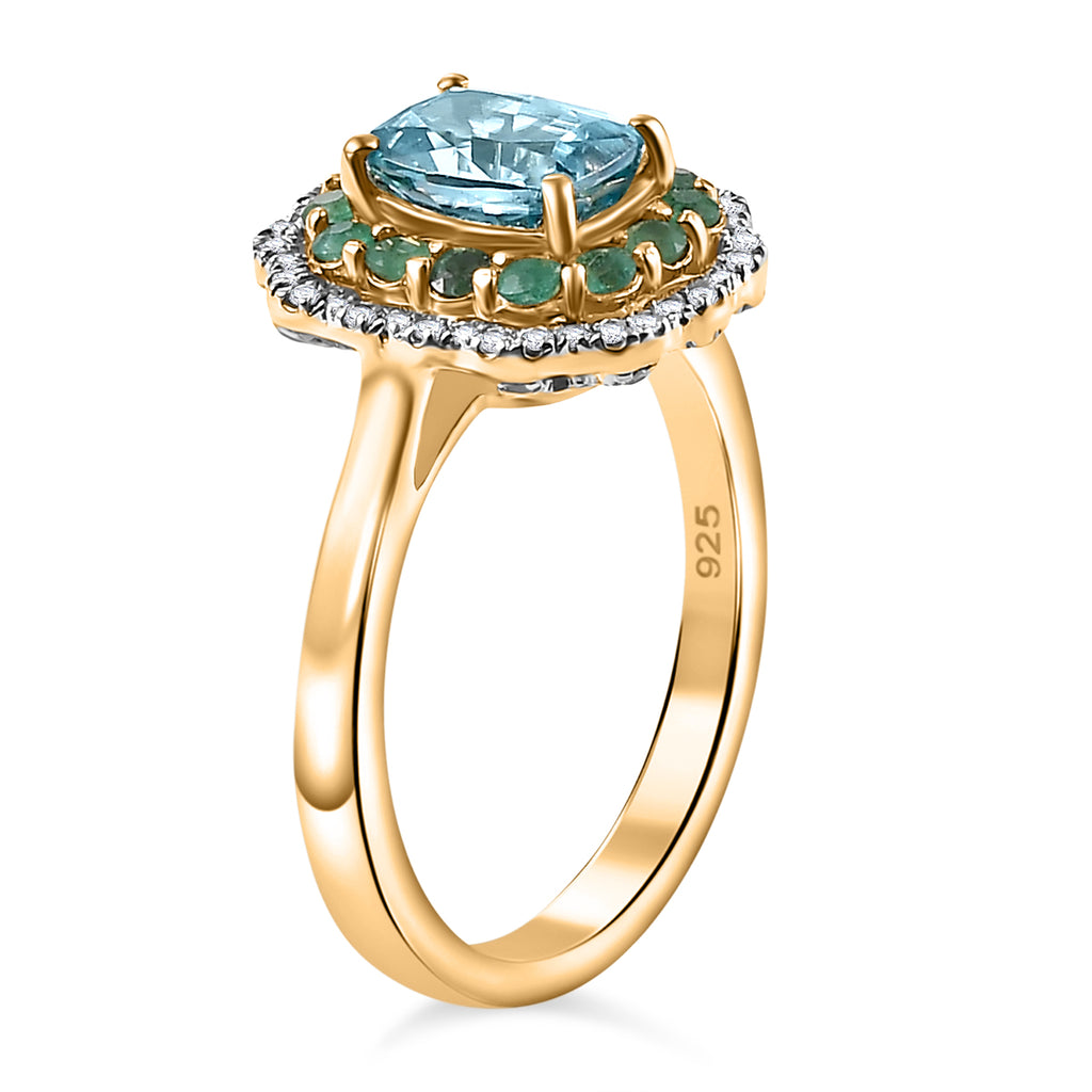 Blue Zircon, Emerald & White Zircon Halo Ring in 18K Vermeil Yellow Gold Plated Sterling Silver 3.26 Ct_7875176_3
