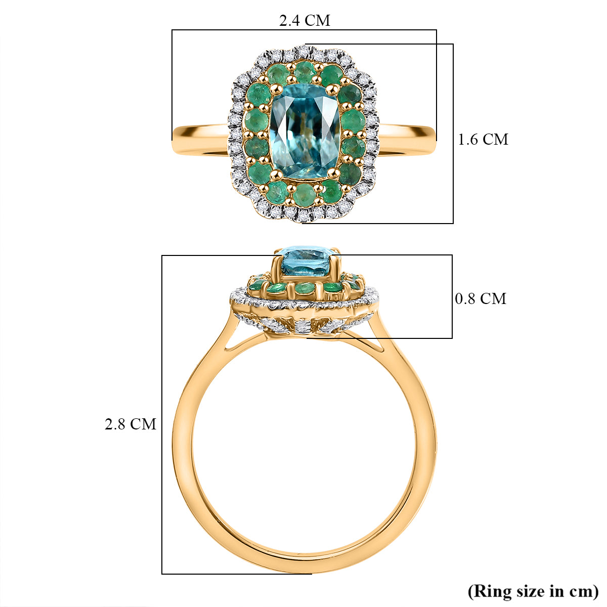 Blue Zircon, Emerald, White Zircon Halo Ring in 18K Yellow Gold Vermeil Plated Sterling Silver 3.26 Ct 7875176 6