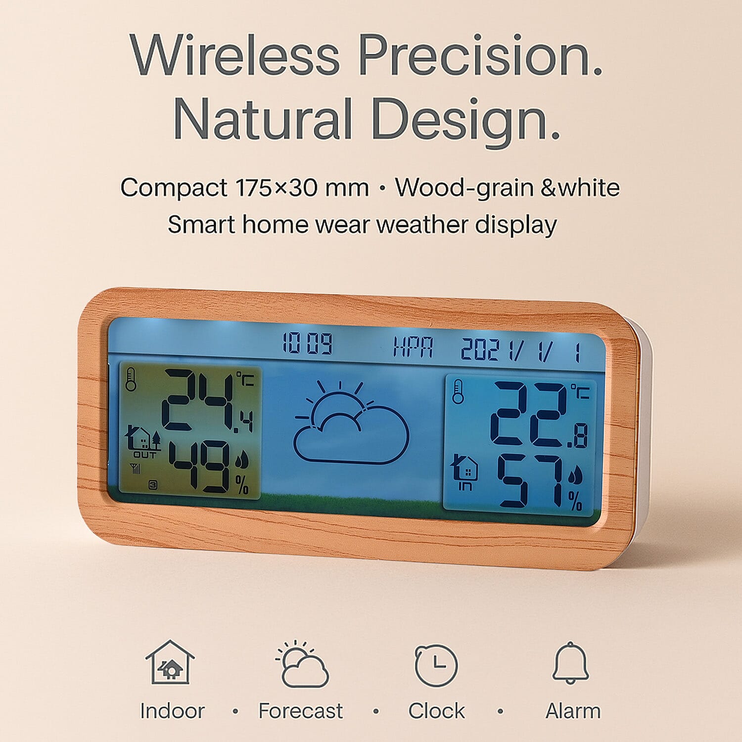 Wireless Weather Station - Indoor-outdoor Temp &amp; Humidity, RCC function, Air Pressure, Weather Forecast, Time-Date-Week display, Alarm  (Size 175x30 mm) - Wood Grain &amp; White V32339444 2