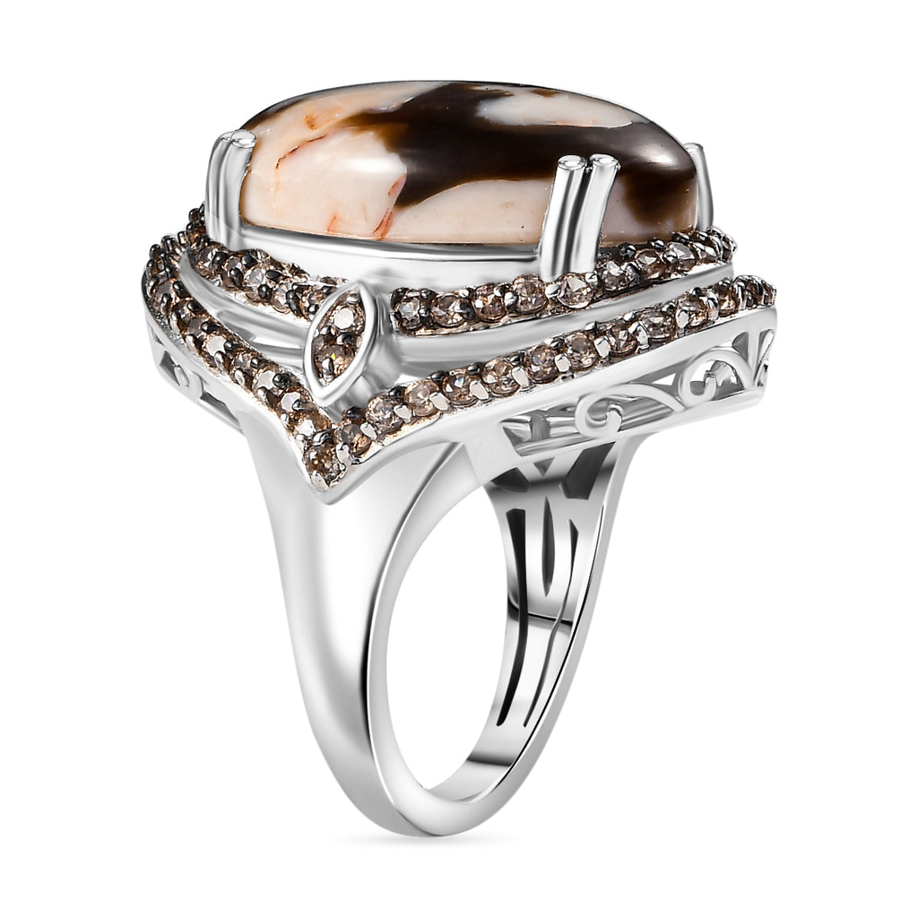 Australian Peanut Wood Jasper and Natural Champange  Zircon Ring in Rhodium Sterling Silver 15.16 Ct, Silver Wt. 8.27 Gms._7884300_3