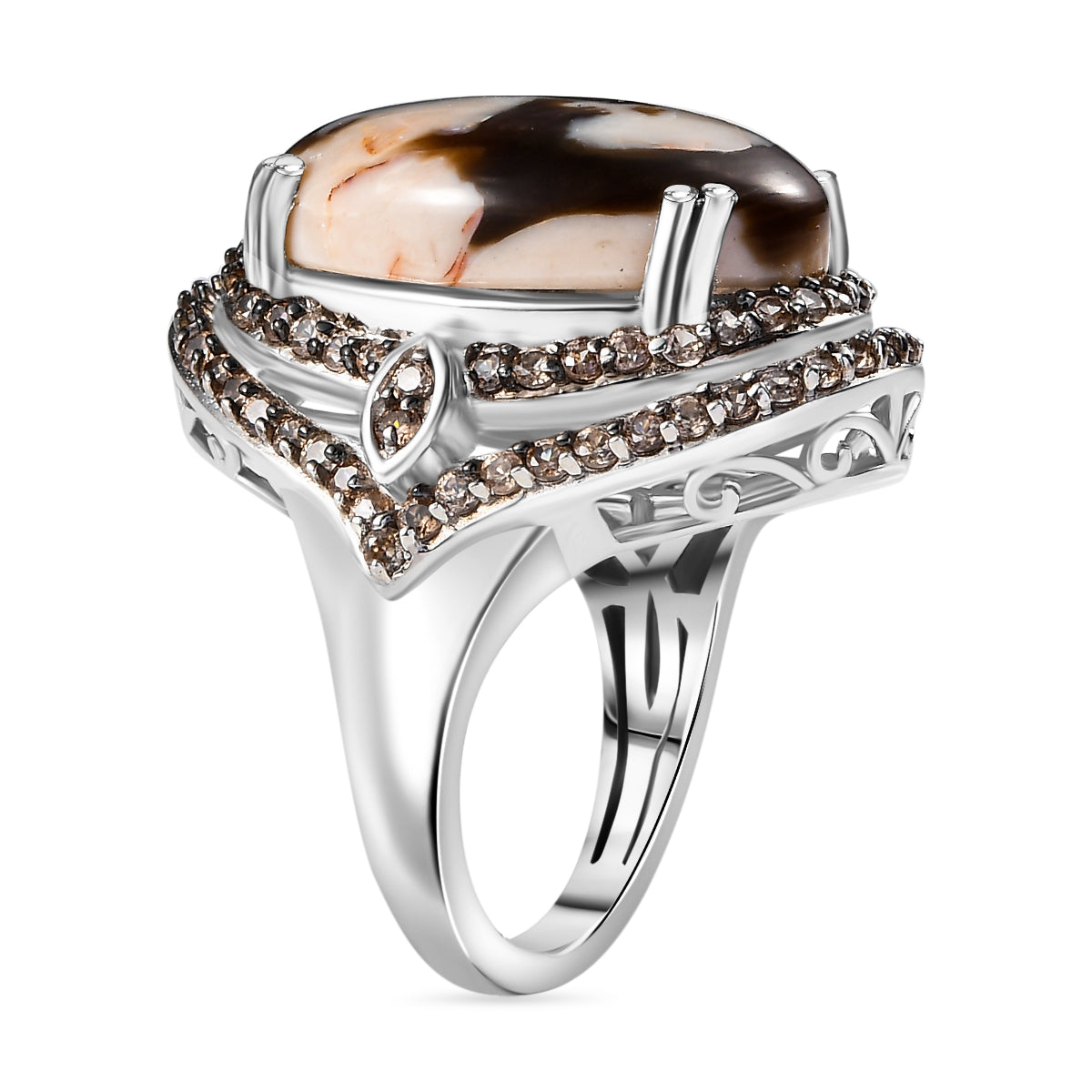 Australian Peanut Wood Jasper and Natural Champagne Zircon Halo Ring in Rhodium Overlay Sterling Silver 15.16 Ct. 7884300 4