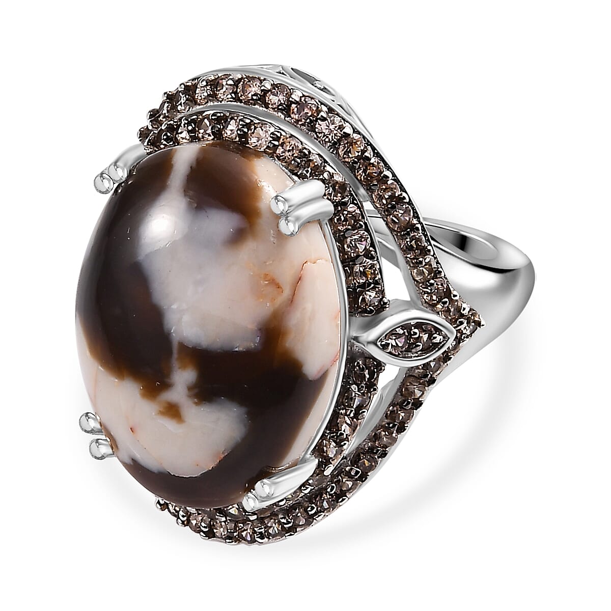 Australian Peanut Wood Jasper and Natural Champagne Zircon Halo Ring in Rhodium Overlay Sterling Silver 15.16 Ct. V32531806 0