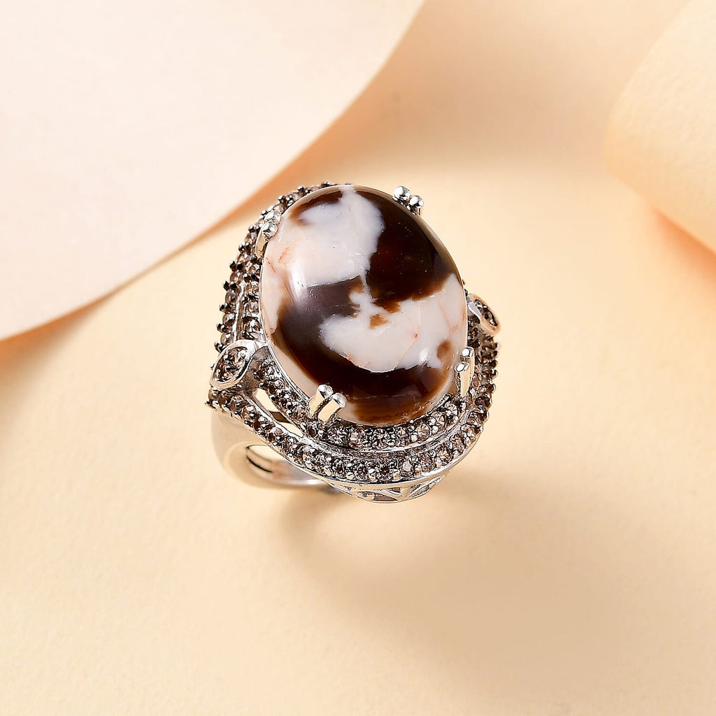Australian Peanut Wood Jasper and Natural Champange  Zircon Ring in Rhodium Sterling Silver 15.16 Ct, Silver Wt. 8.27 Gms._7884302_1