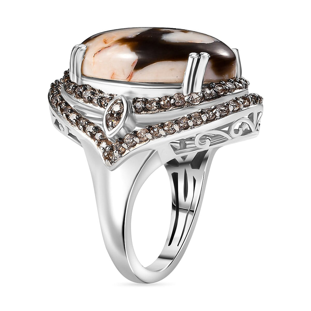 Australian Peanut Wood Jasper and Natural Champange  Zircon Ring in Rhodium Sterling Silver 15.16 Ct, Silver Wt. 8.27 Gms._7884302_3