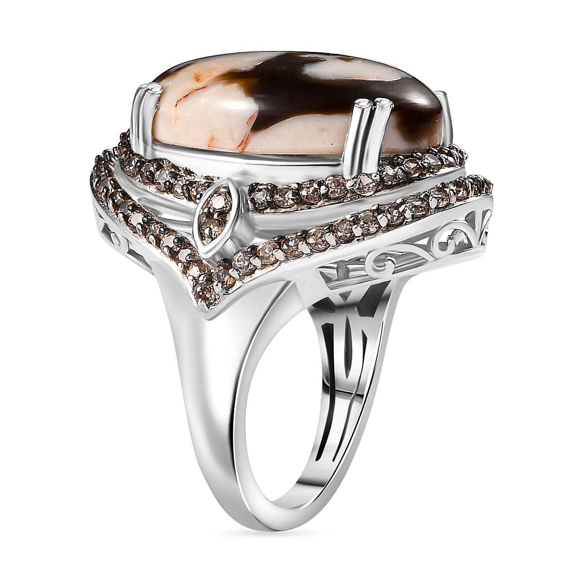Australian Peanut Wood Jasper and Natural Champagne Zircon Halo Ring in Rhodium Overlay Sterling Silver 15.16 Ct. V32531806 4