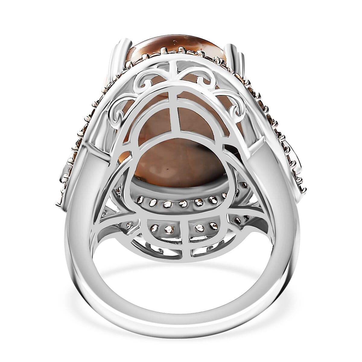 Australian Peanut Wood Jasper and Natural Champagne Zircon Halo Ring in Rhodium Overlay Sterling Silver 15.16 Ct. V32531806 5