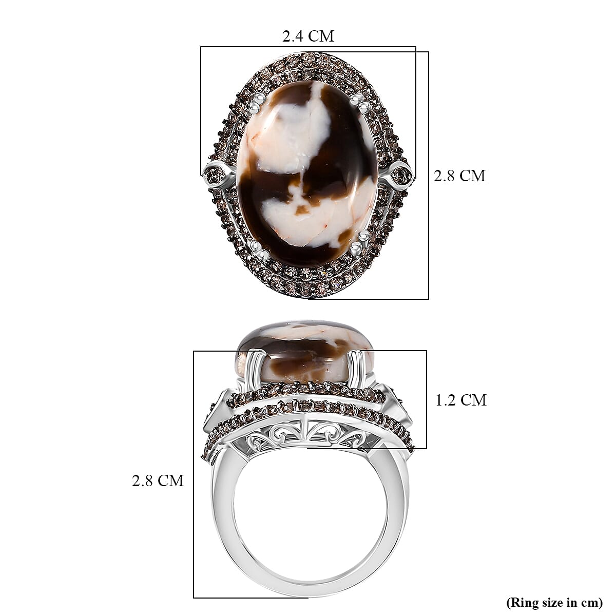 Australian Peanut Wood Jasper and Natural Champagne Zircon Halo Ring in Rhodium Overlay Sterling Silver 15.16 Ct. V32531806 6