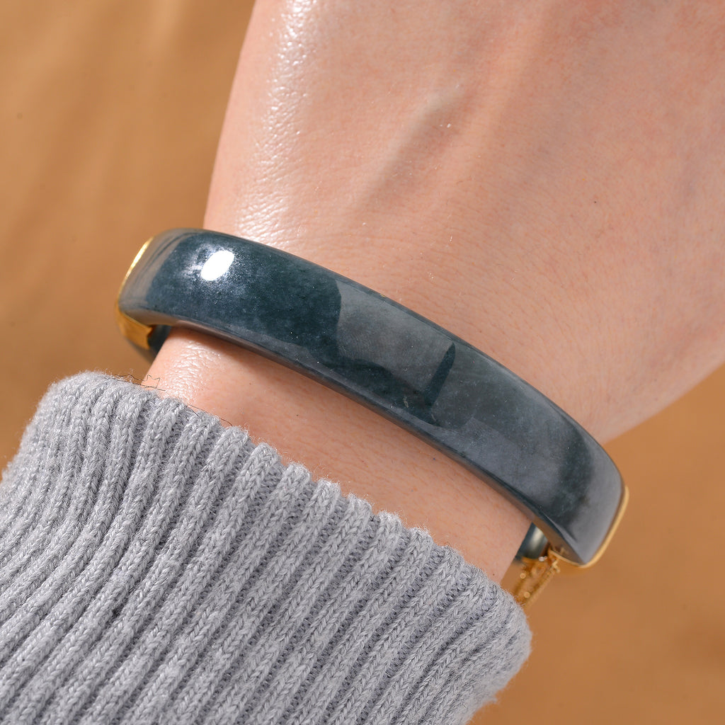SUPER RARE - Natural Type A Jadeite Jade Bangle (Size - 7.5) in 18K Vermeil Yellow Gold Plated Sterling Silver 250.00 Ct, Silver Wt. 6.90 Gms._7885205_1
