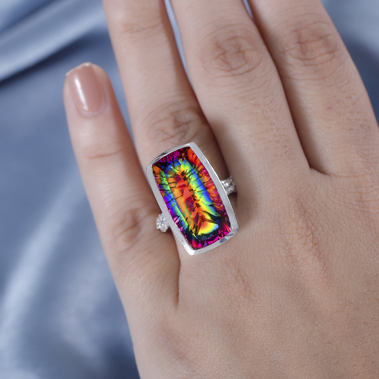 Nebula Quartz Doublet, White Zircon Elongated Ring in Rhodium Overlay Sterling Silver 17.01 Ct. V32516581 2
