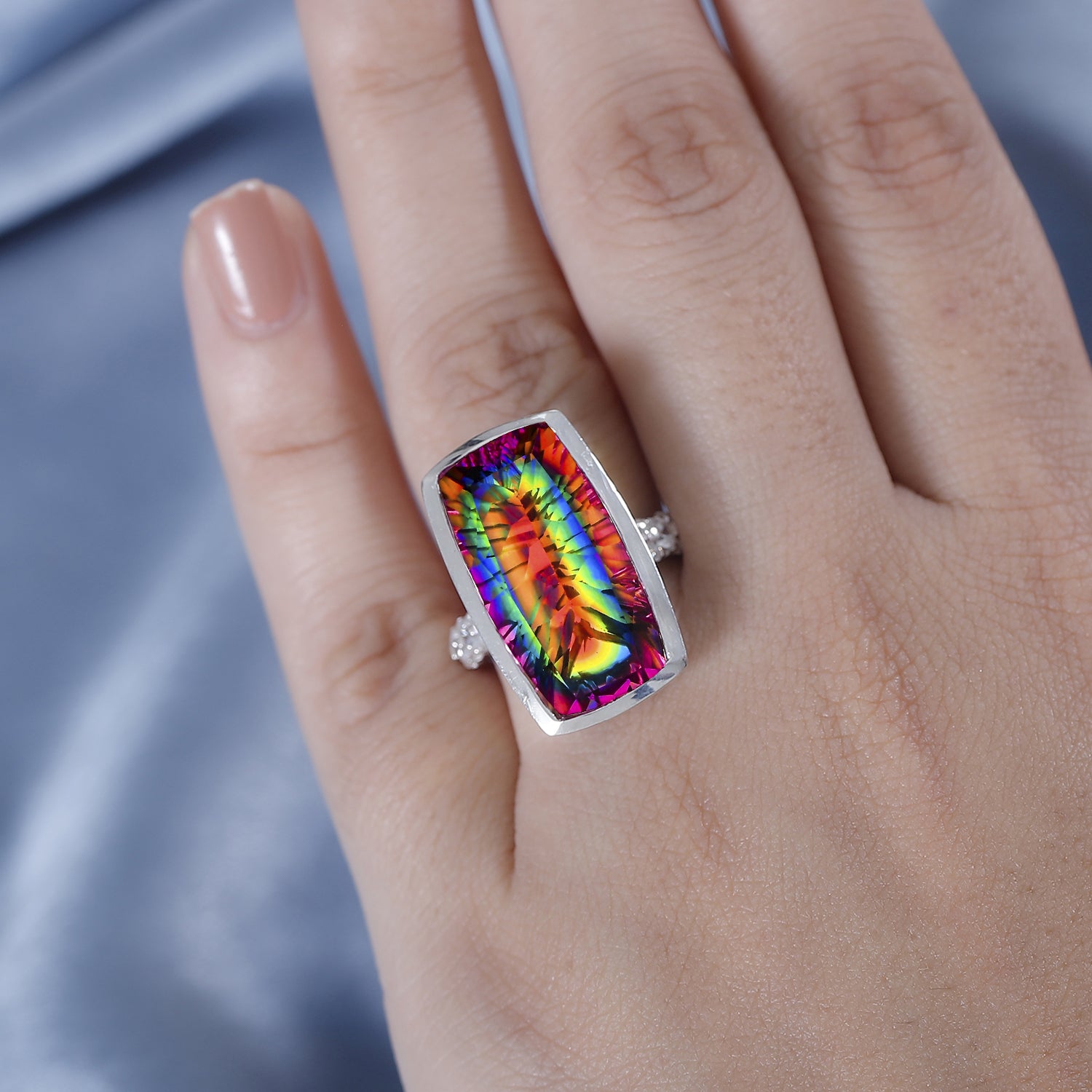 Nebula Quartz Doublet, White Zircon Elongated Ring in Rhodium Overlay Sterling Silver 17.01 Ct. V32516581 2