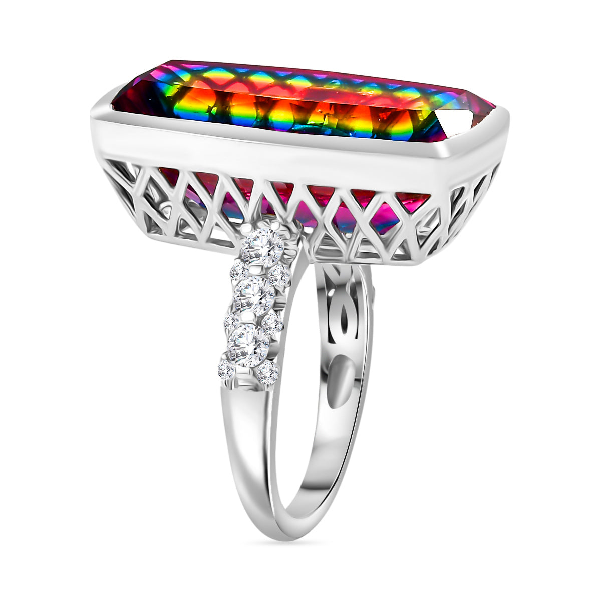 Nebula Quartz Doublet, White Zircon Elongated Ring in Rhodium Overlay Sterling Silver 17.01 Ct. V32516581 3