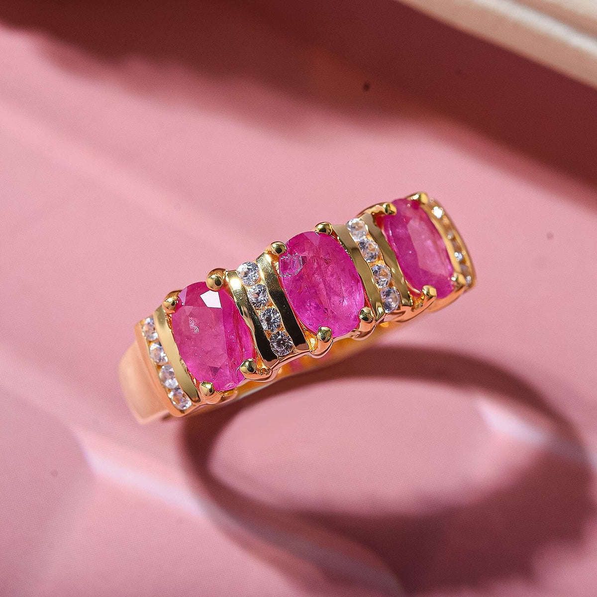 Gemfields Montepuez Ruby, White Zircon Ring in Vermeil Yellow Gold Plated Sterling Silver 7891818 1