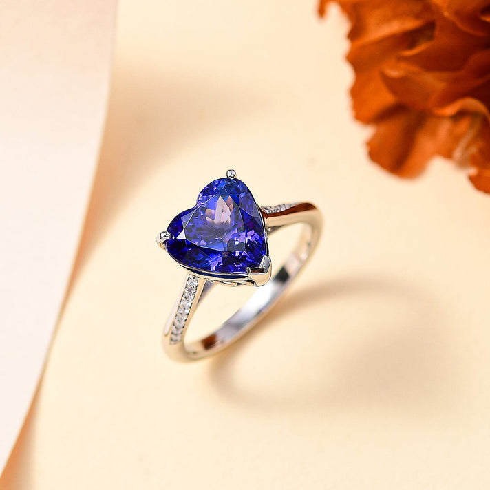 950 Platinum AAAA Tanzanite White Diamond EF, VS Solitaire Heart Ring 7892160 2