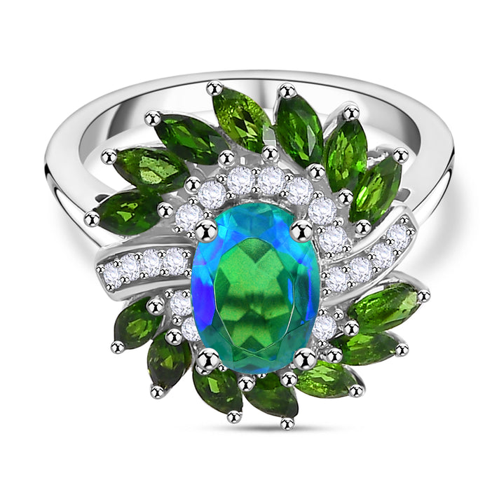 Peacock Triplet Quartz, Natural Chrome Diopside, White Zircon Floral Ring in Rhodium Plated Sterling Silver 7894446 1