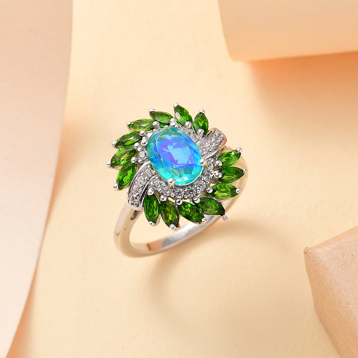 Peacock Triplet Quartz, Natural Chrome Diopside, White Zircon Floral Ring in Rhodium Plated Sterling Silver 7894446 2