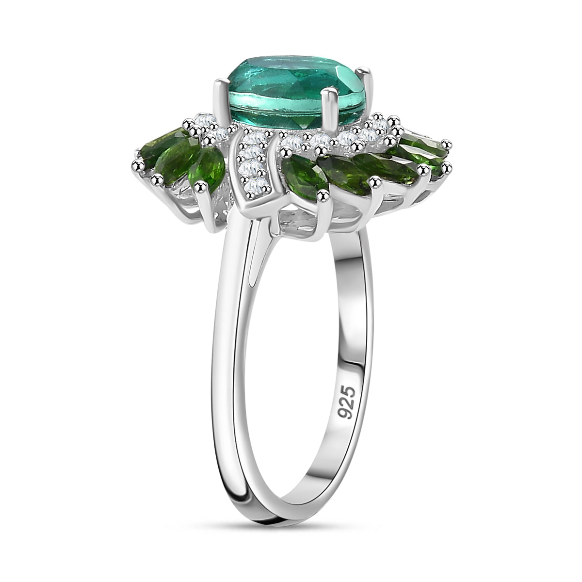 Peacock Triplet Quartz, Natural Chrome Diopside, White Zircon Floral Ring in Rhodium Plated Sterling Silver 7894446 4