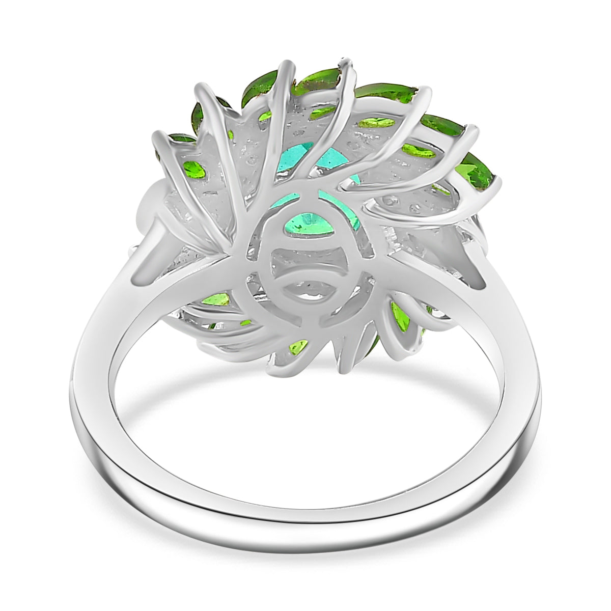 Peacock Triplet Quartz, Natural Chrome Diopside, White Zircon Floral Ring in Rhodium Plated Sterling Silver 7894446 5