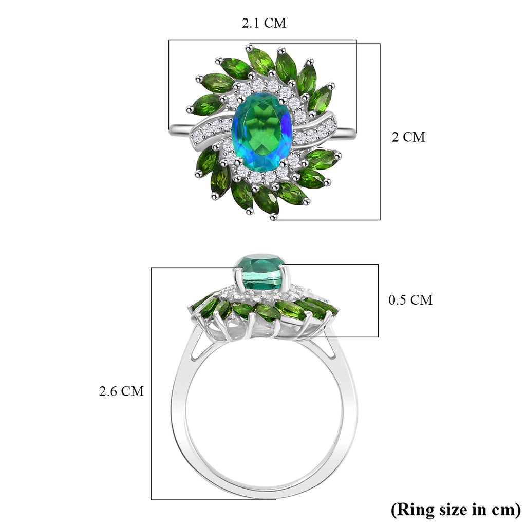 Peacock Triplet Quartz, Natural Chrome Diopside & White Zircon   Floral Halo Ring in Rhodium Sterling Silver 2.85 Ct._7894446_5