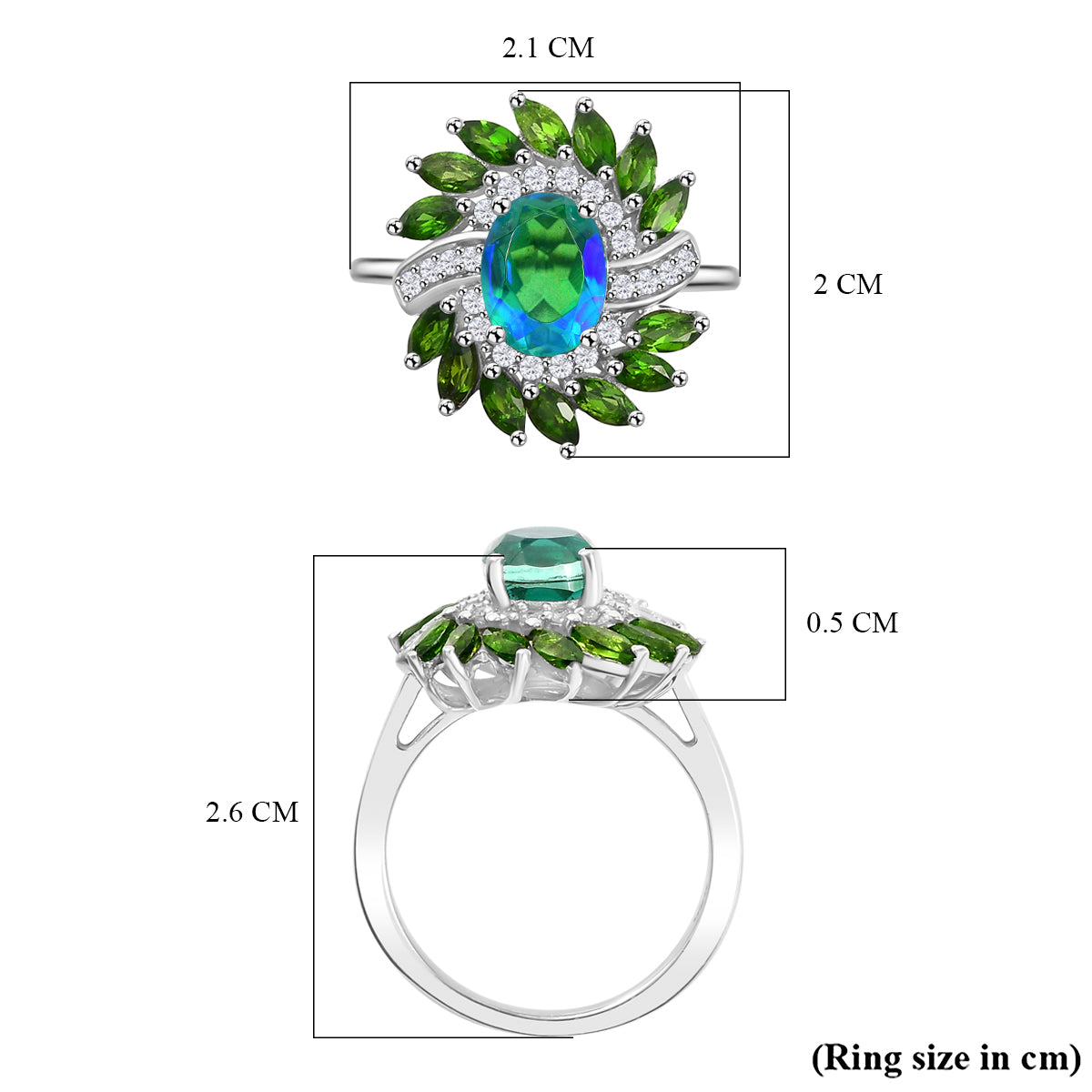 Peacock Triplet Quartz, Natural Chrome Diopside, White Zircon Floral Ring in Rhodium Plated Sterling Silver 7894446 6