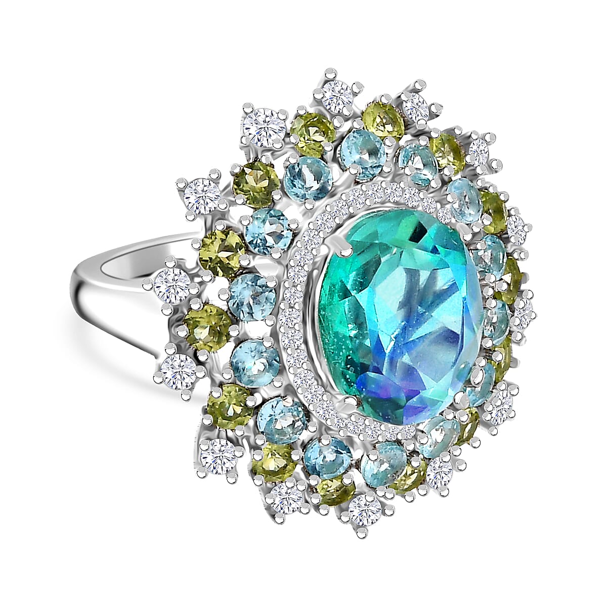 Peacock Triplet Quartz, Apatite, Peridot, White Zircon Halo Ring in Rhodium Overlay Sterling Silver 7.26 ct. 7898165 0